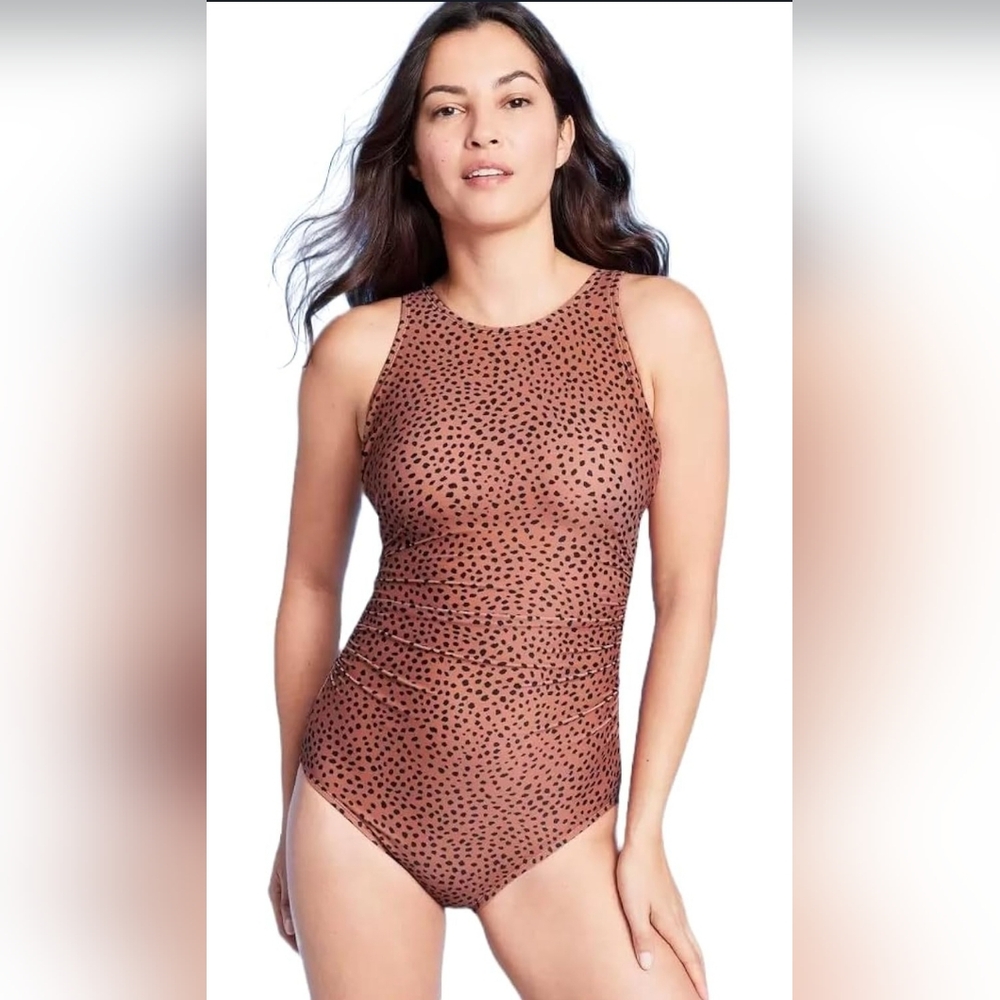 NWOT Kona Sol Spotted High Neck Ruched Full Coverage One Piece Swimsuit Size 17